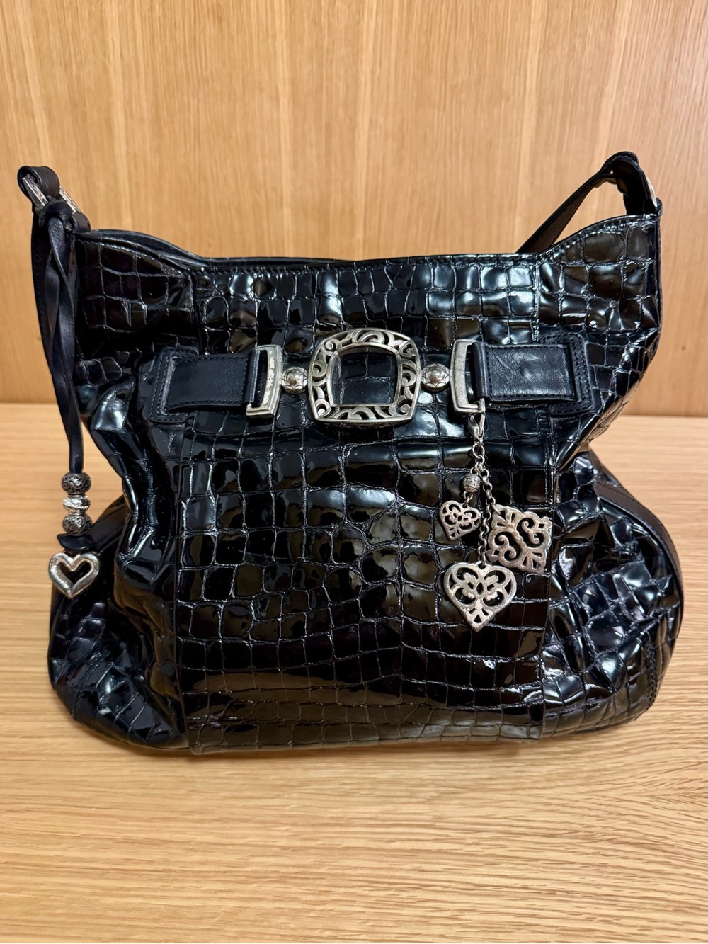 Brighton Black Croc-Embossed Patent Leather Shoulder Bag with Heart Charms